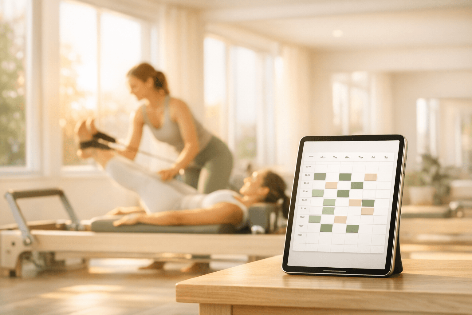 Tablet com a agenda do estúdio aberta sobre uma mesa
